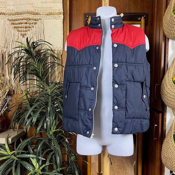 Levi’s Youth Puffer Vest M | Red Blue Sherpa Collar Fleece Lined Zip Snap Retro - Picture 2 of 14